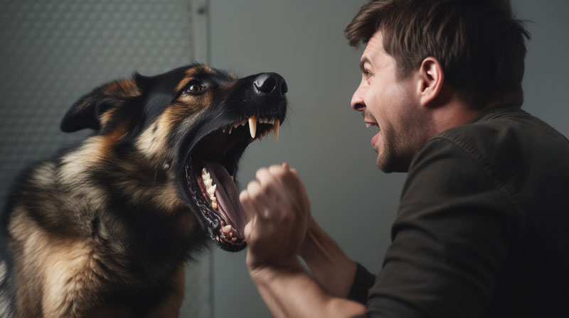 Cão com a boca aberta e mostrandos os dentro para um homem que está assustado