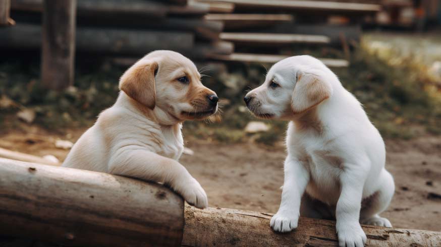 dois filhotes de cachorros filhotes se olhando. São brancos e da raça labrador. Ao fundo um sítio