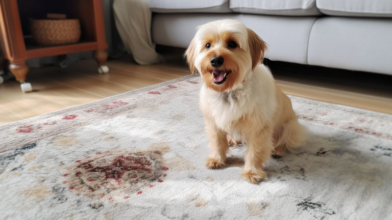 cachorro adulto sentado em cima de um tapete na sala e ao seu lado uma mancha de xixi no lugar errado (sobre o tapete)