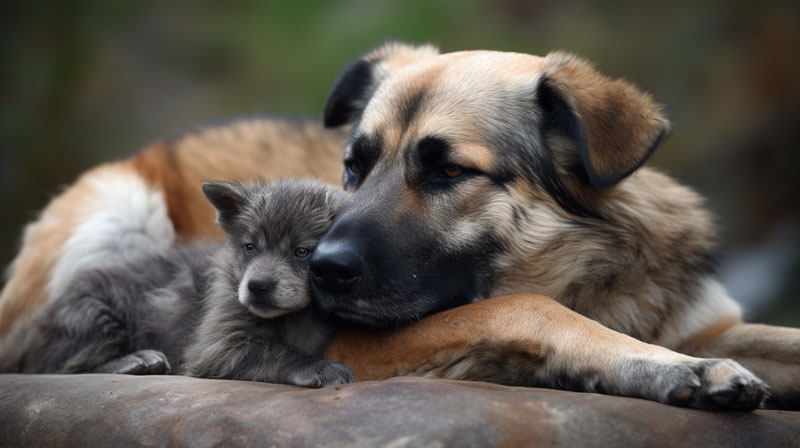 Cão mais velho ao lado de um cão filhote. Os dois estão deitados lado a lado em sinal de companheirismo.