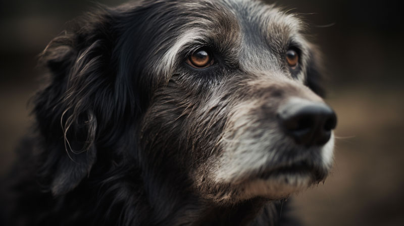 close rosto de um cão idoso na cor preta e com pelos esbranquiçados na região dos olhos e focinho