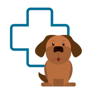 Desenho de um cão sentado com símbolo da saúde ao fundo
